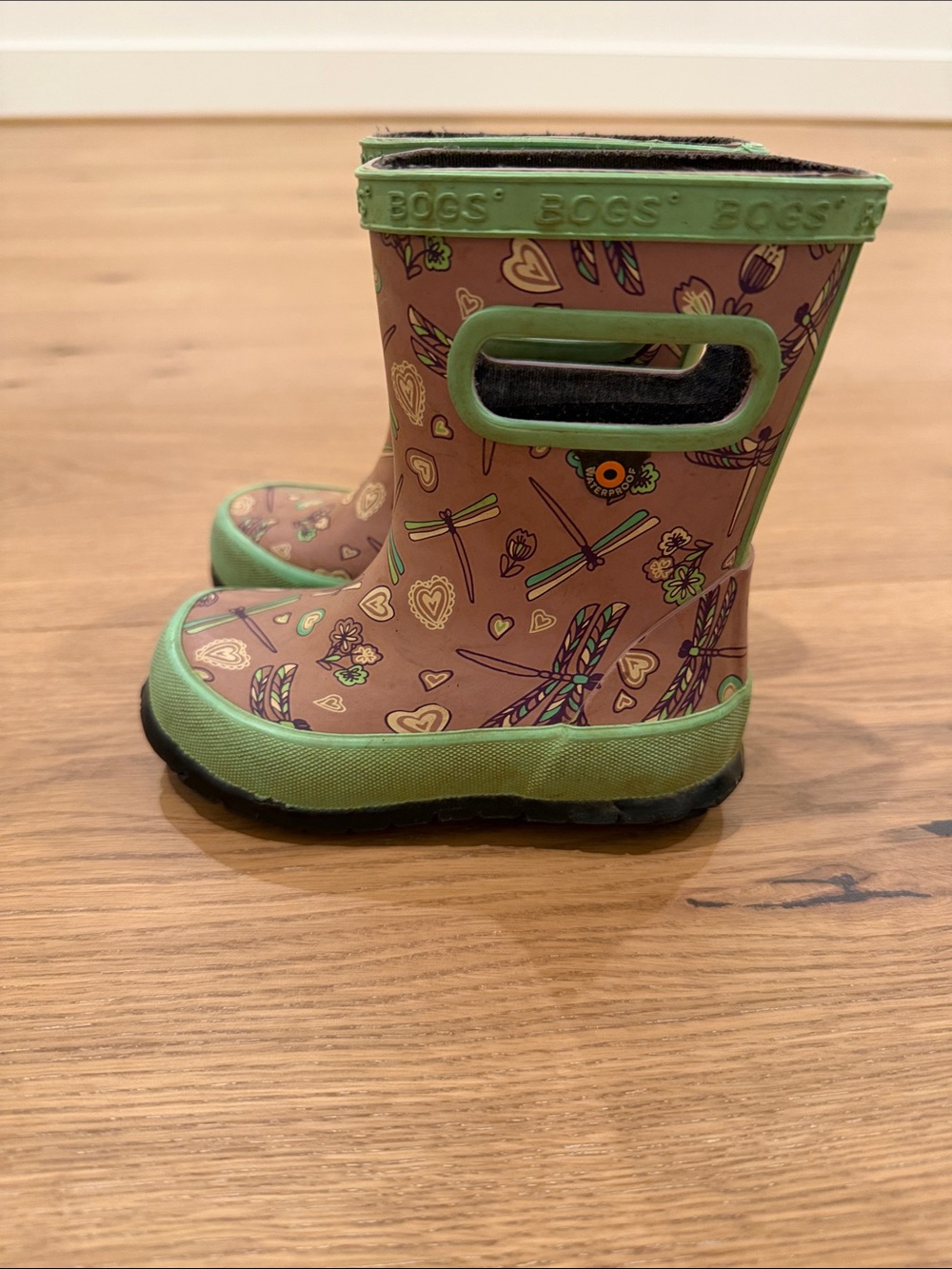 Bogs Kids Rain Boots Pink with Green Trim and Dragonfly Print